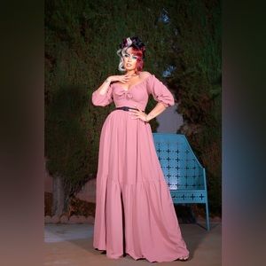 Molly Cottage 70s Maxi Gown in Mulberry Pink Crepe | Pinup Couture